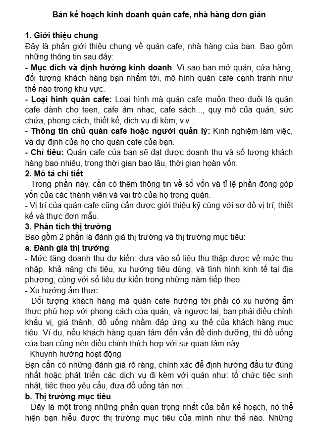 Mẫu kế hoạch kinh doanh quán cafe, nhà hàng đơn giản Mẫu kế hoạch kinh doanh quán cafe, nhà hàng đơn giản