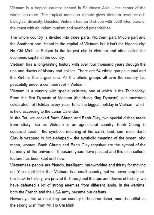 Bài luận tiếng Anh mẫu chủ đề giới thiệu đất nước Việt Nam Bài luận tiếng Anh mẫu chủ đề giới thiệu đất nước Việt Nam