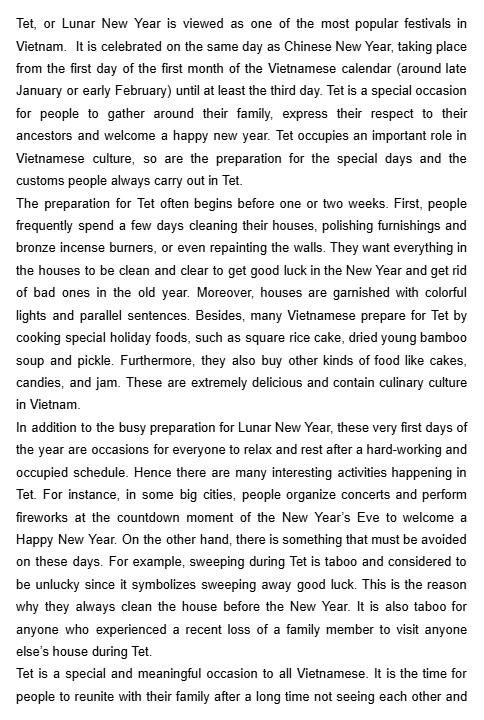 Bài luận tiếng Anh mẫu chủ đề lễ hội- Tết
