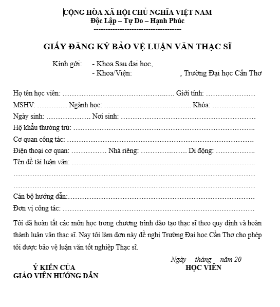 Đơn đăng lí bảo vệ luận văn thạc sĩ đại học Cần Thơ