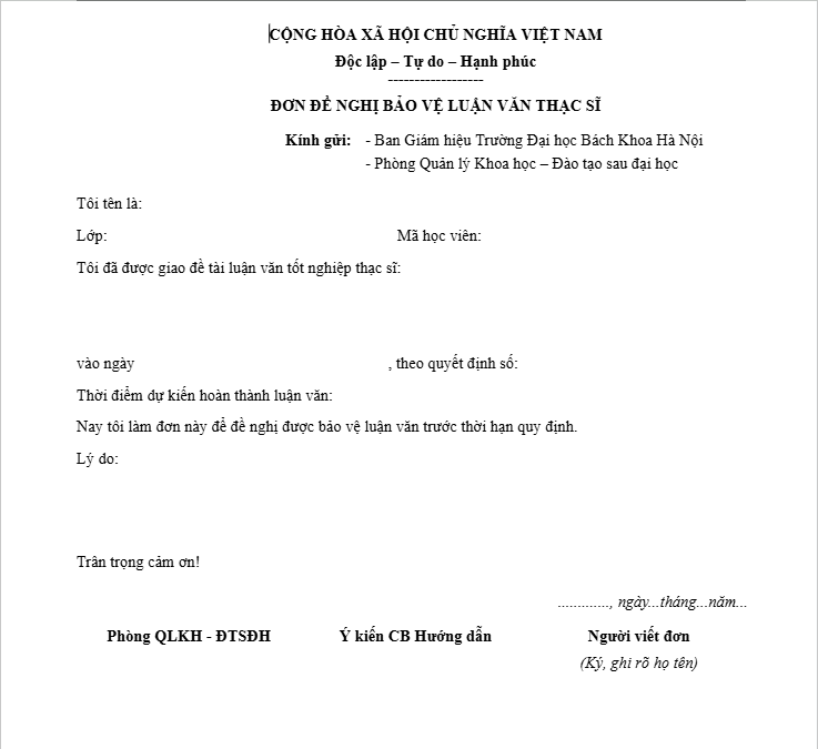 Đơn đề nghị bảo vệ luận văn thạc sĩ tại đại học Bách Khoa HUST