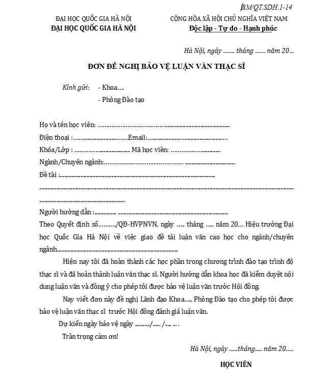Đơn đề nghị bảo vệ luận văn thạc sĩ tại đại học quốc gia hà nội
