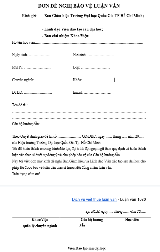 Đơn đề nghị bảo vệ luận văn thạc sĩ tại đại học quôc gia tp hồ chí minh