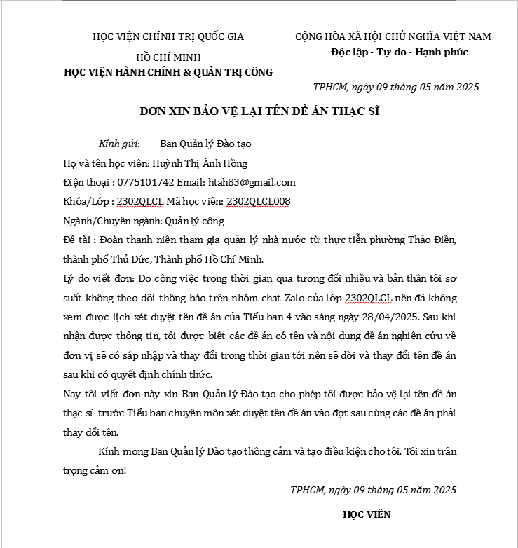Đơn xin bảo vệ lại tên đề tài tại UEH