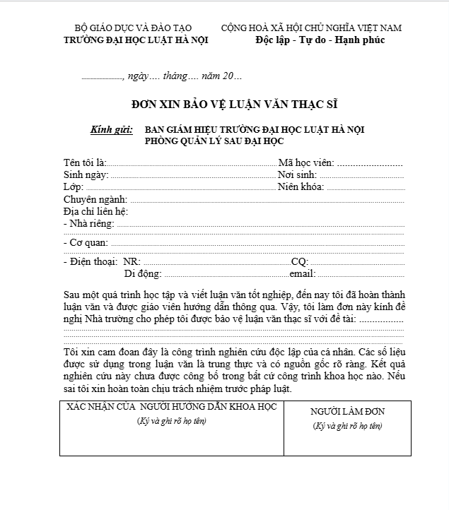 Đơn xin bảo vệ luận văn thạc sĩ tại trường Đại học Luật