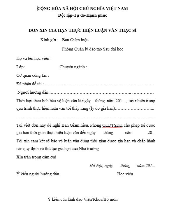 Đơn xin gia hạn bảo vệ luận văn thạc sĩ tại Đại học Y Hà Nội