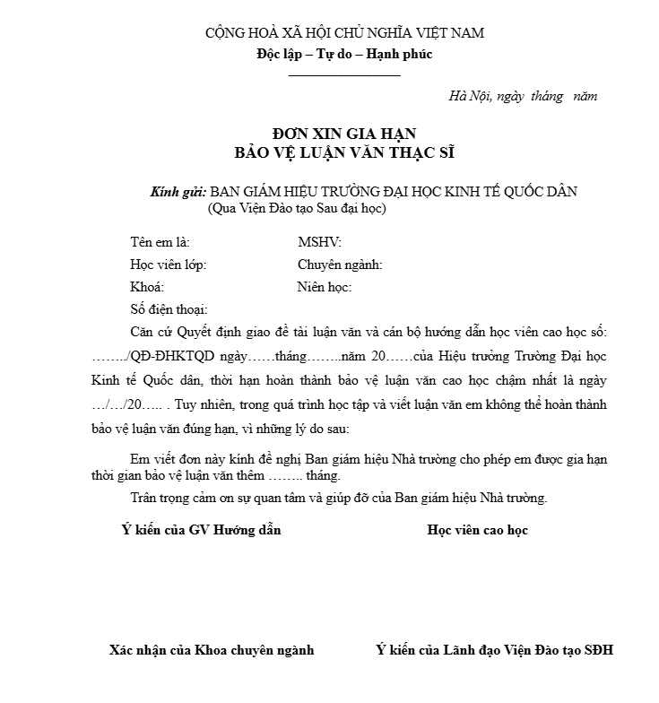 Đơn xin gia hạn bảo vệ luận văn thạc sĩ tại NEU