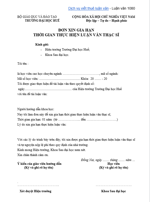 Đơn xin gia hạn bảo vệ luận văn thạc sĩ tại trường Đại học Huế