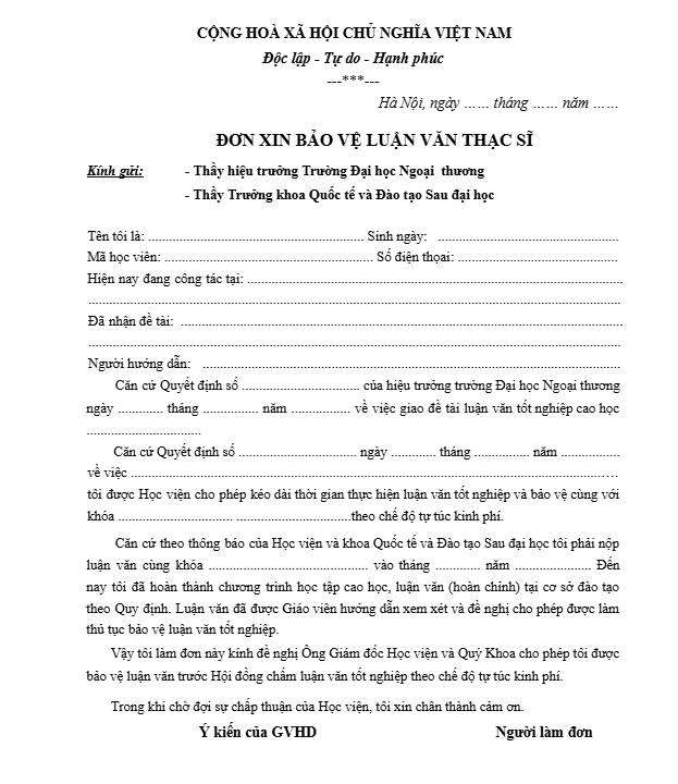 Đơn xin bảo vệ luận văn thạc sĩ tại trường đại học ngoại thương hà nội