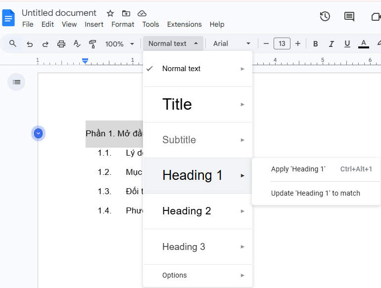 Cách trình bày mục lục tiểu luận trong gg docs