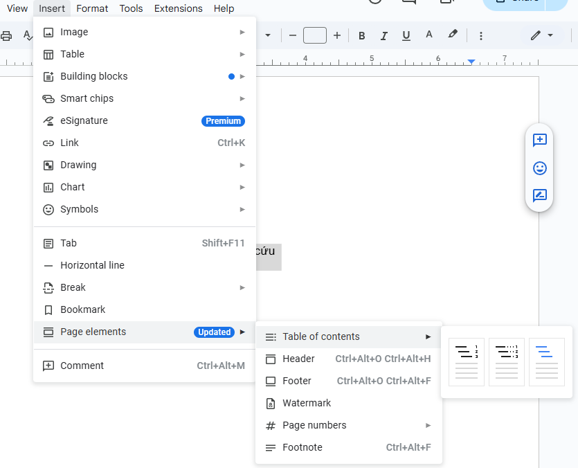 Cách tạo mục lục trong Google Docs bằng Table of Contents