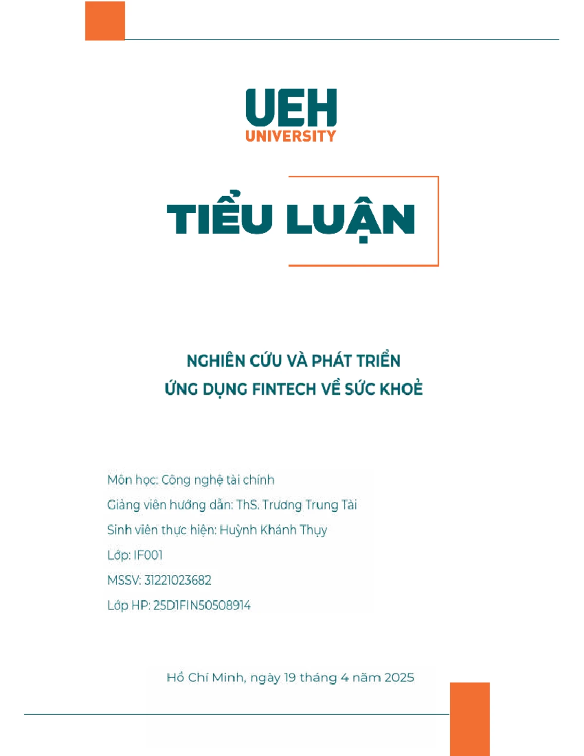 Bìa tiểu luận UEH môn công nghệ tài chính