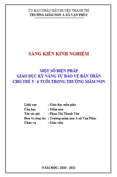 Mẫu sáng kiến kinh nghiệm giáo dục kỹ năng bảo vệ bản thân