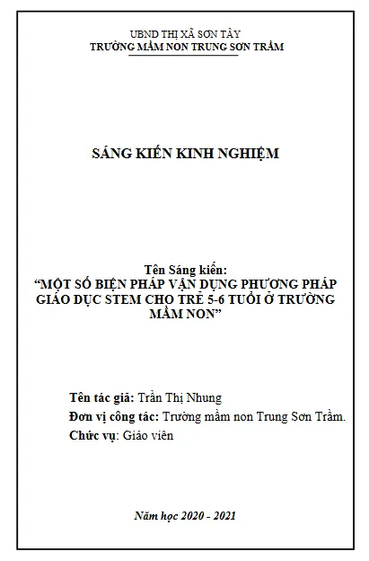Mẫu SKKN Vận dụng phương pháp giáo dục STEM tại Trường Mầm non Trưng Sơn Trầm