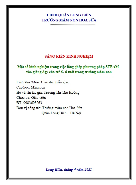 Mẫu SKKN Kinh nghiệm lồng ghép phương pháp STEAM vào giảng dạy