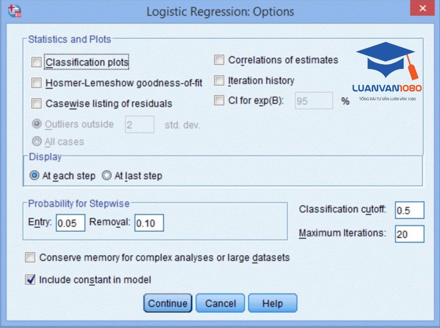 Giao diện hộp thoại Logistic Regression: Options Giao diện hộp thoại Logistic Regression: Options