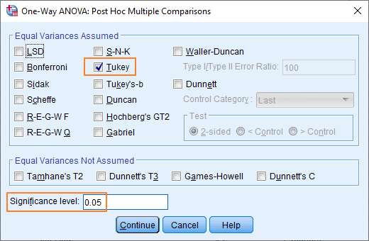 Bước 3: Chọn Tukey > điền số alpha > Continue để quay lại