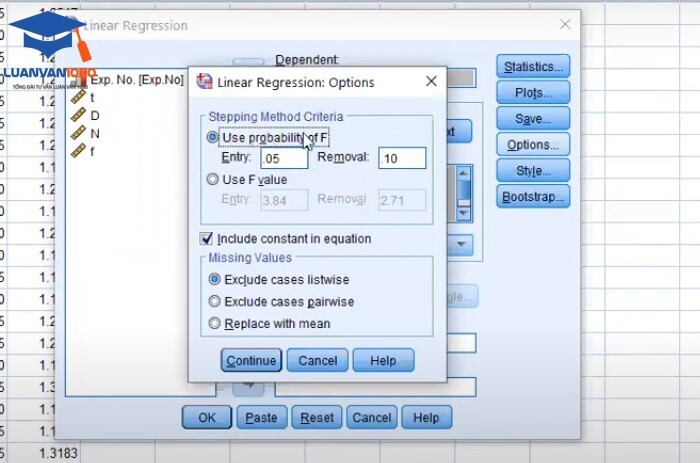 Bước 6. Hộp thoại Linear Regression Options Bước 6. Hộp thoại Linear Regression Options