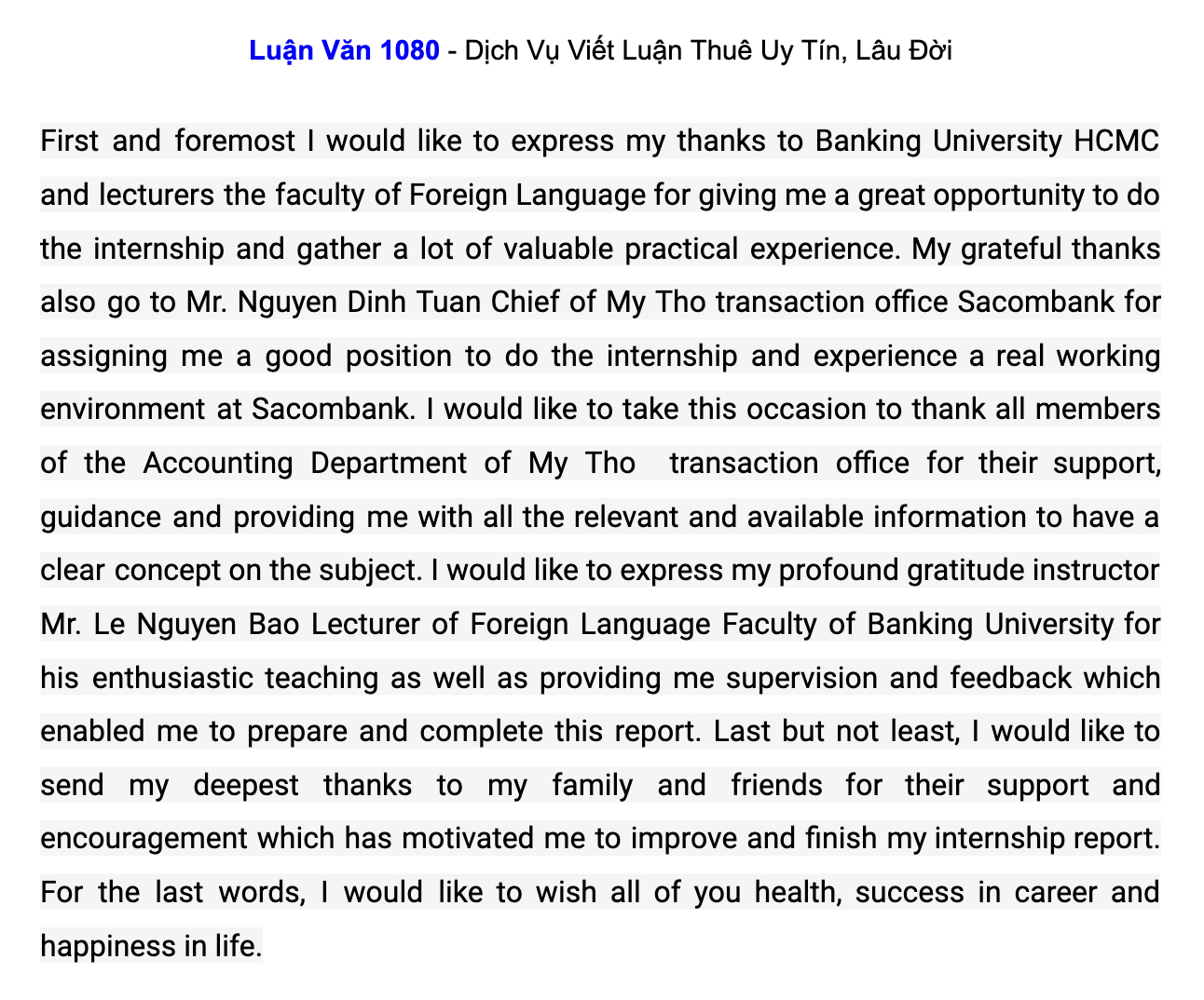 Mẫu viết acknowledgement về ngân hàng hay Mẫu viết acknowledgement về ngân hàng hay