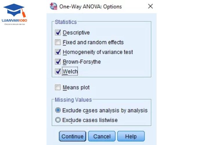 Tích vào Descriptive, Homogeneity of variance test, Brown-Forsythe, Welch
