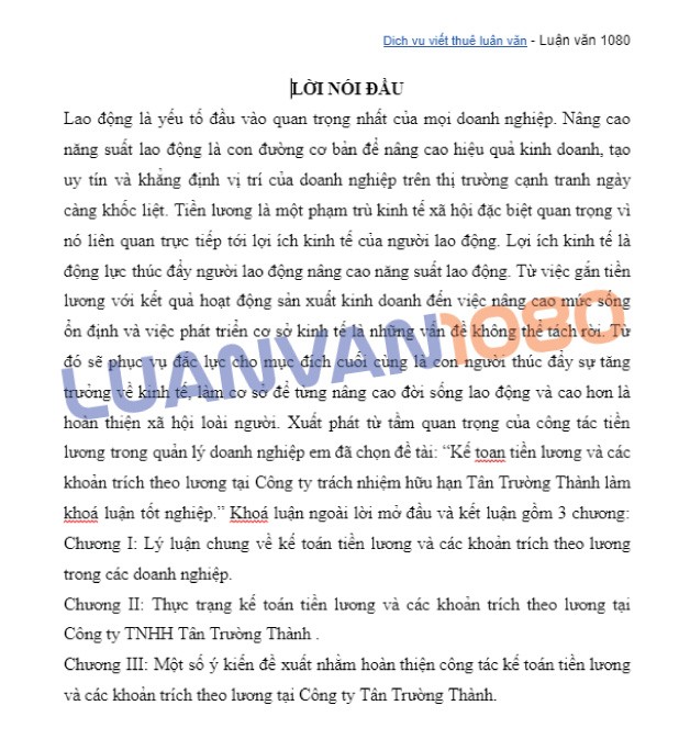 Lời mở đầu đề tài kế toán tiền lương tại công ty Tân Trường.