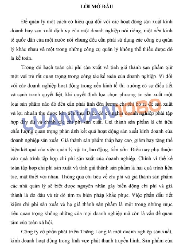 Luận văn kế toán chi phí sản xuất tại công ty cổ phần Thăng Long Luận văn kế toán chi phí sản xuất tại công ty cổ phần Thăng Long