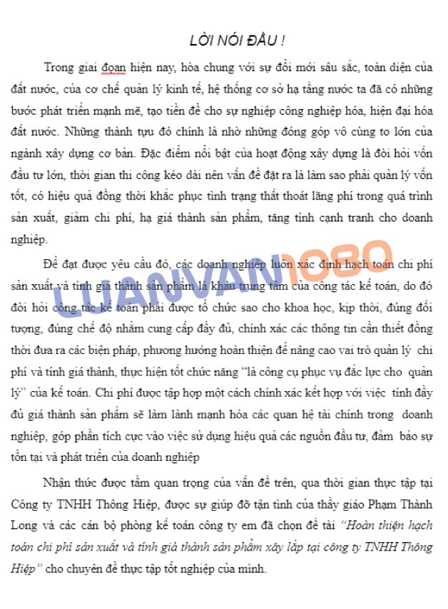 Luận văn kế toán chi phí sản xuất tại công ty Thông Hiệp Luận văn kế toán chi phí sản xuất tại công ty Thông Hiệp