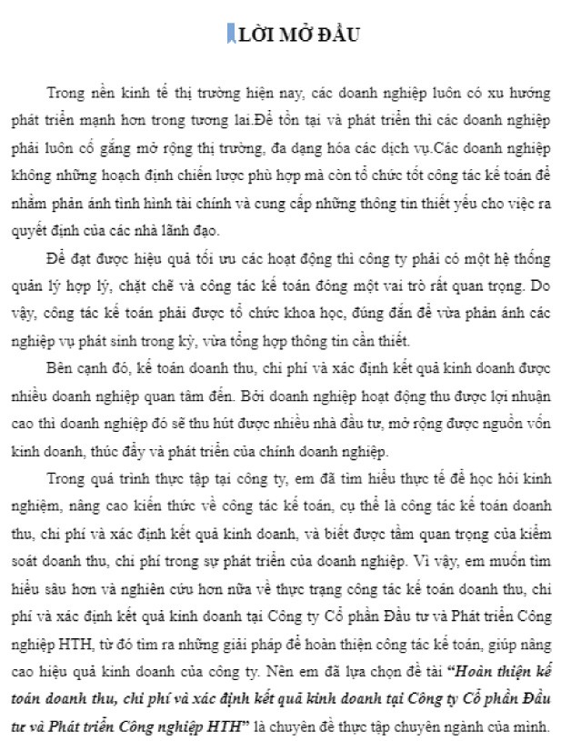 Hoàn thiện kế toán xác định kết quả kinh doanh tại Công ty HTH