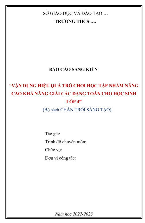 Mẫu SKKN Đổi mới phương pháp dạy học Toán lớp 4 qua trò chơi học tập Mẫu SKKN Đổi mới phương pháp dạy học Toán lớp 4 qua trò chơi học tập