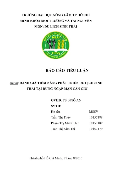 Tiểu luận Du lịch sinh thái – Đánh giá tiềm năng phát triển du lịch sinh thái tại Rừng ngập mặn Cần Giờ