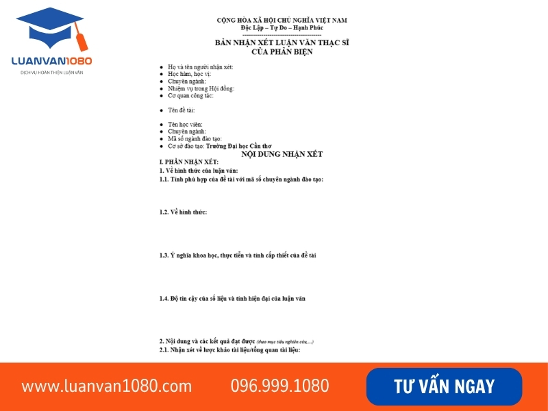 Mẫu nhận xét luận văn thạc sĩ có thể tải/sửa