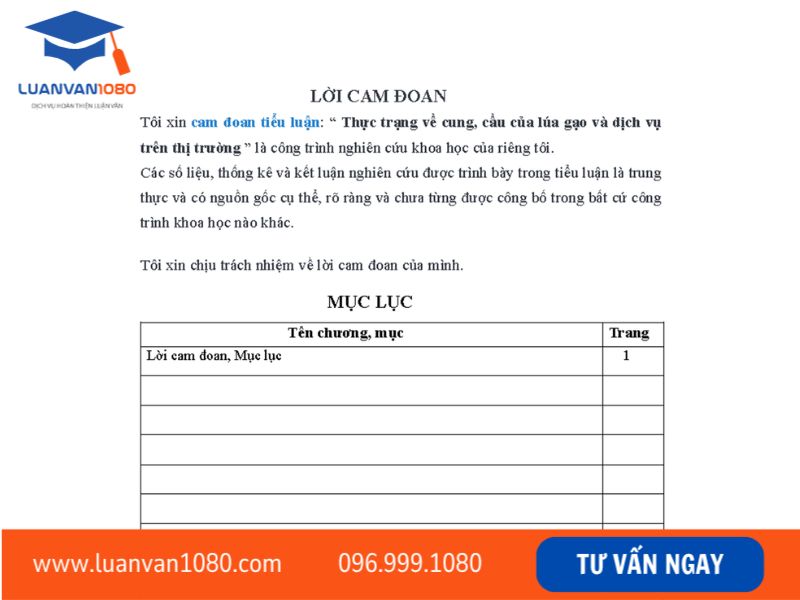 Cách trình bày, font chữ và định dạng lời cam đoan tiểu luận chuẩn