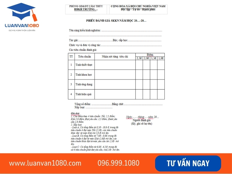 Mẫu phiếu chấm sáng kiến kinh nghiệm mới nhất