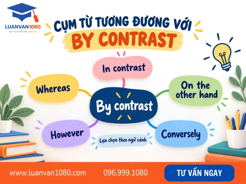 Một số cụm từ tương đương với by contrast