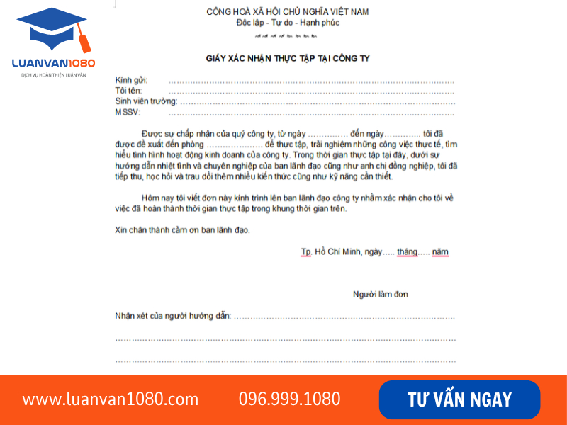 Mẫu đơn xác nhận thực tập tại công ty (dành cho sinh viên)