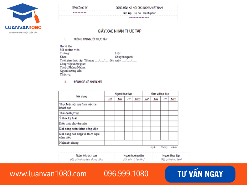 Mẫu giấy xác nhận thực tập có bảng đánh giá, nhận xét